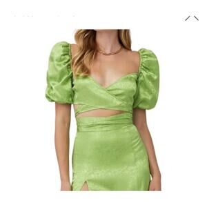 NWT Ronny Kobo XS Zano‎ Crop Top Green Tie Around Puff Sleeve Adjustable